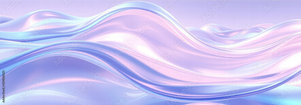 Poster 3d rendering of abstract flowing transparent glass in futuristic landscape with iridescent gradients