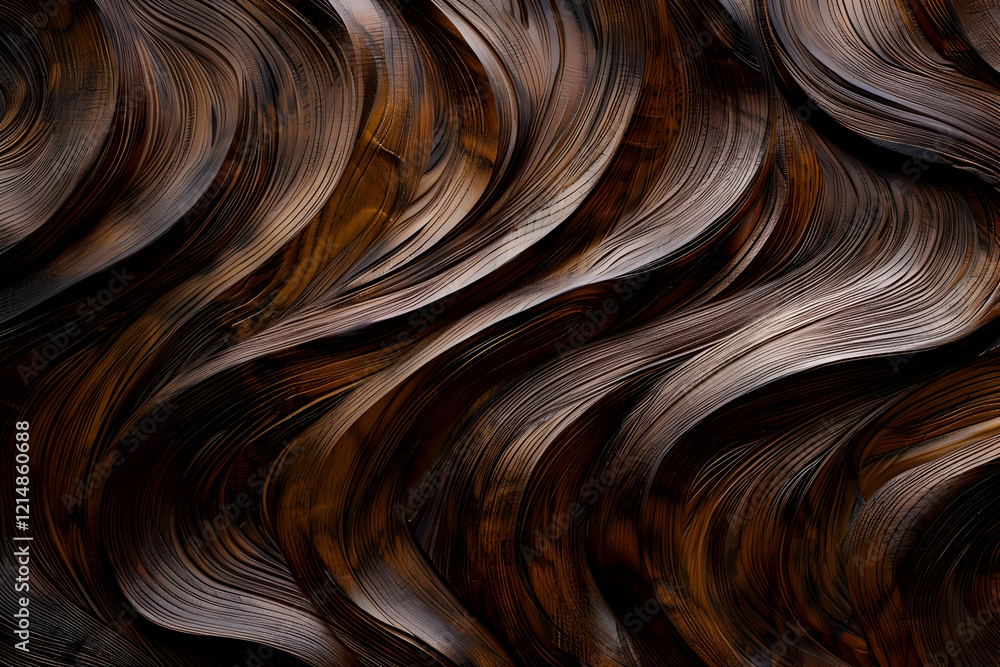 Poster Dark Brown Wood Grain Texture Forms Abstract Wavy Pattern with Subtle Highlights and Shadows