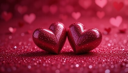 Fototapeta premium Romantic Red Glitter Hearts Valentine s Day Background