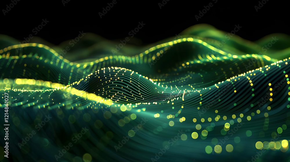 Poster abstract 3d green landscape with glowing particles flows smoothly and dynamically in the dark backgr