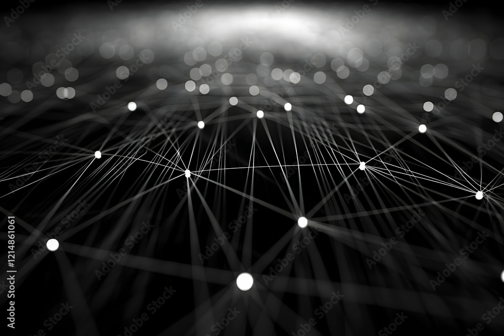 Poster abstract network of interconnected nodes glows brightly on a dark background