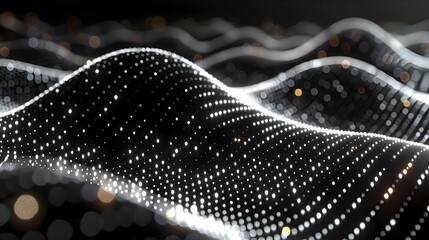 Obraz premium Abstract 3D Background of Wavy Surface with Glowing Dots and Bokeh Effect on a Dark Background