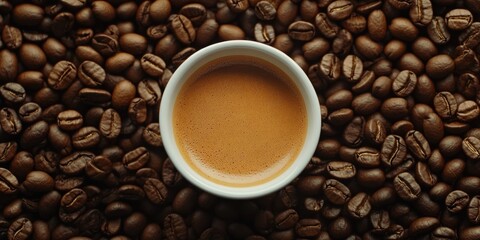 Fototapeta premium A single shot of espresso coffee in a white cup, surrounded by whole coffee beans.