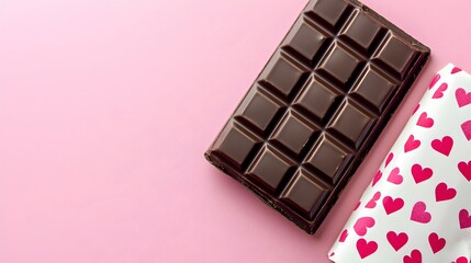 Dark Chocolate Bar on Pink Background with Hearts
