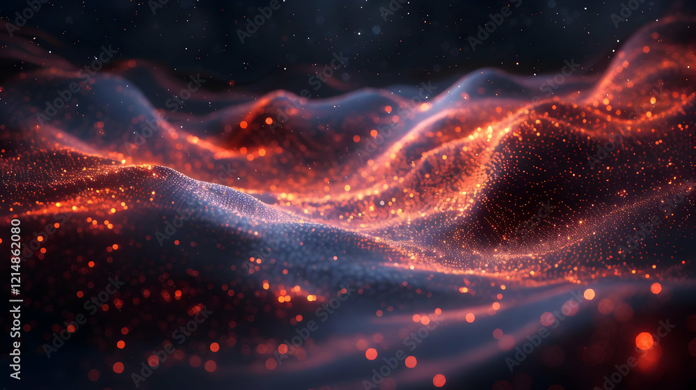 Poster abstract background creates a wavy pattern with sparkling particles and a dark ambient