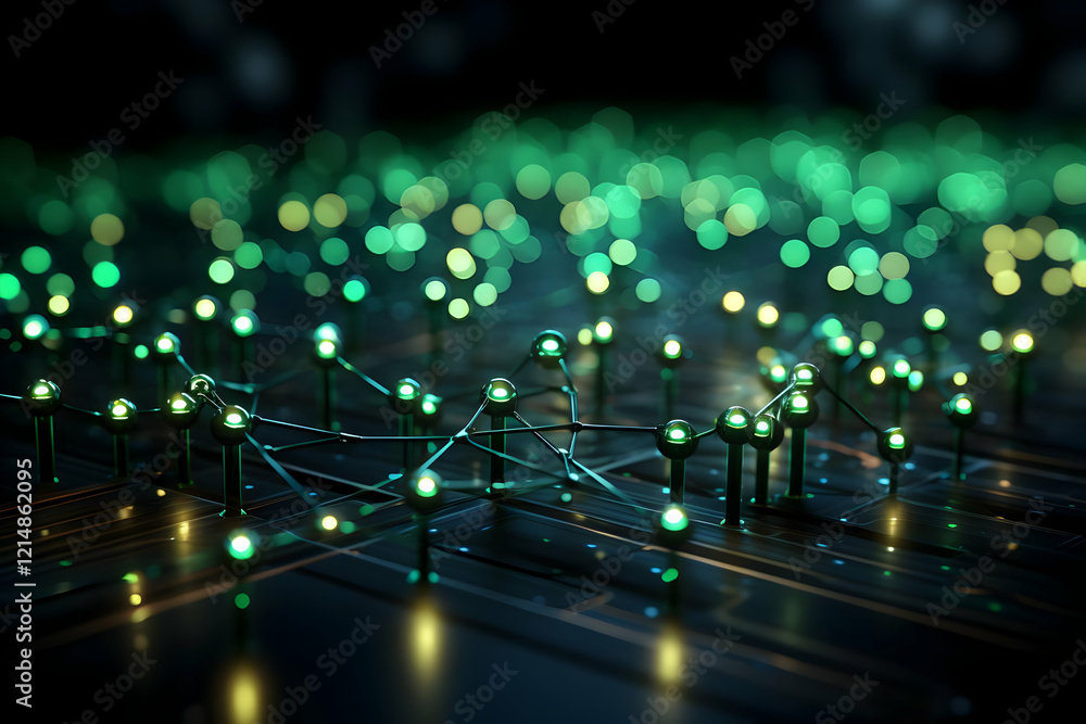 Poster abstract 3d network visualization: glowing nodes and connections on a dark circuit board