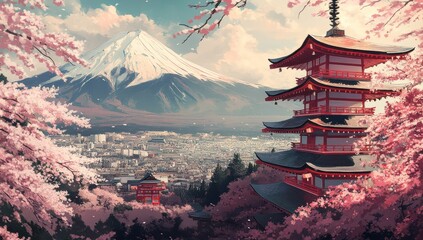 Fototapeta premium Mount Fuji with cherry blossoms and traditional Japanese architecture in the foreground