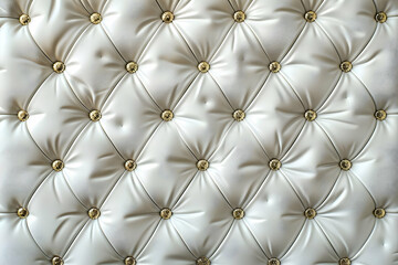 White Leather Upholstery Shows Deep Diamond Tufting Pattern with Gold Buttons Accenting Each Dip
