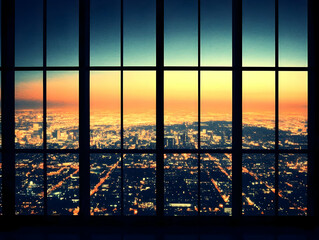 Fototapeta premium Cityscape View Through Windowpanes Shows Illuminated Urban Area at Sunset from High Vantage Point