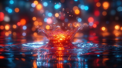 Water drop impact, vibrant bokeh, night, splash, abstract art