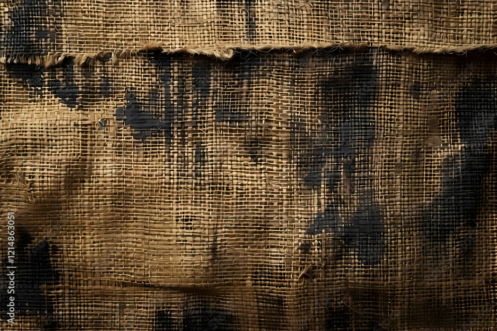 Poster close-up of worn and stained burlap texture forms a rustic, textured backdrop with dark markings.
