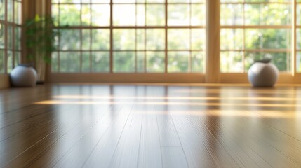 Obraz premium A serene yoga studio with bamboo flooring and soft natural lighting, Yoga studio scene, Zen minimalistic style
