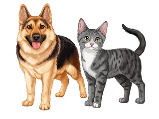 Isolated German Shepherd Dog and Gray Cat
