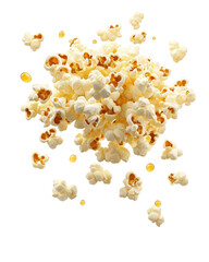 Popcorn Explosion: Buttery popcorn kernels burst and fly in a dynamic, appetizing explosion, capturing the irresistible joy of movie snacks.