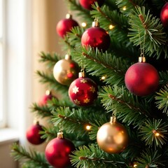 Obraz premium Set of red and gold Christmas tree baubles, close-up view, color, image, sphere