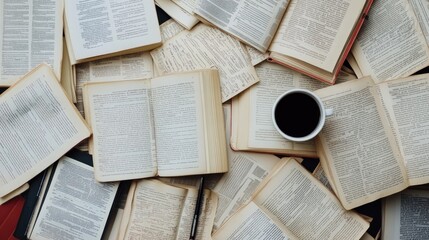 Obraz premium A creative flat lay of open books with handwritten notes, pens, and a coffee cup, symbolizing study or writing, modern and minimalist style with a focus on composition