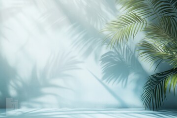 Tropical palm shadows on blue wall, empty space, sunlight, product display