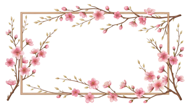 Pink Blossom Frame Square Composition, Floral Design, Isolated on Transparent Background, Floral Frame, Spring Design, Cherry Blossom