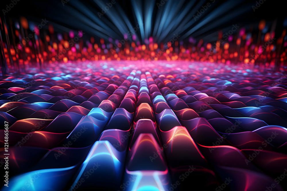 Poster abstract 3d background creates wavy shapes with vibrant neon colors and bokeh lights effect