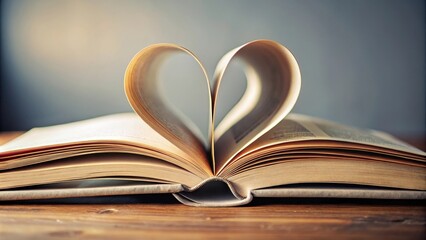 A book with pages curled into a heart shape , reading, ,  reading