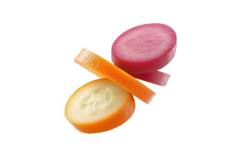 Vibrant Veggie Slices: A vibrant trio of colorful veggie slices - cucumber, carrot, and beetroot - stacked in a visually appealing arrangement, showcasing their natural freshness and colors.