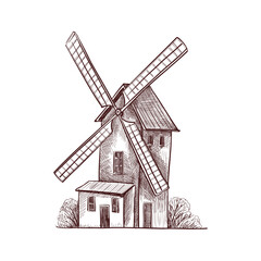 vector drawing sketch of windmill, vintage element, hand drawn illustration