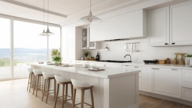 Scandinavian classic kitchen with wooden and white details, Luxury Kitchen Interior in white tone