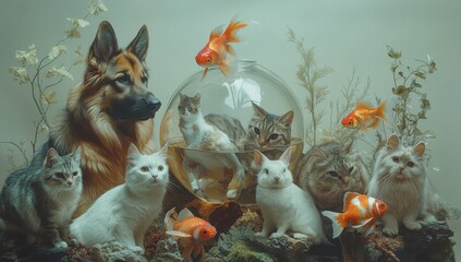 A Captivating Display of Harmony Between Cats, Dogs, and Goldfish in a Dreamy Aquatic Setting Surrounded by Nature's Wonders and Soft Lighting