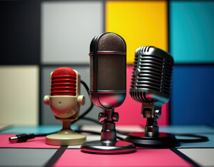 Artistic composition of vintage microphones displayed against a colorful backdrop. Highlighting retro audio equipment style