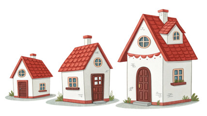 Fototapeta premium Three Cute Cartoon Houses, Digital Illustration, Isolated on Transparent Background, Fairy Tale Style, Home Set, House, Cartoon, Illustration