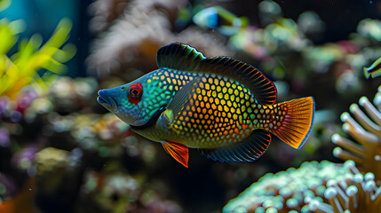 Obraz premium Vivid Tropical Fish Exhibits Colorful Scales and Fins Swimming Gracefully in a Reef Aquarium
