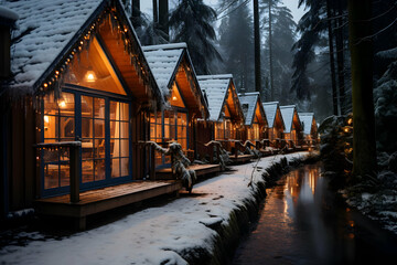 Fototapeta premium Cozy Wooden Cabins Glow Warmly Along a Snowy Stream in a Winter Wonderland