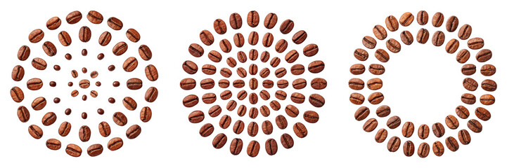 Obraz premium Three Coffee Bean Arrangements Oval, Mandala, and Circle, Isolated on Transparent Background, Coffee Beans, Roasting, Pattern, coffee, beans, design