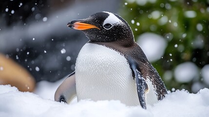 Fototapeta premium A penguin waddles through the snow.