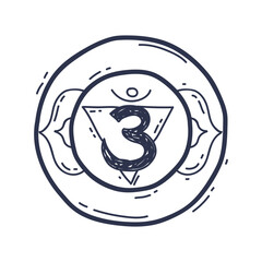 Ajna chakra symbol with a triangle and number three, representing intuition and insight.