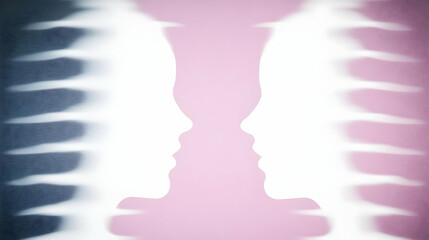Abstract Illustration Shows Two Faces Forming a Vase Shape with a Pink Background and Textured Sides