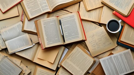 Obraz premium A flat lay of several opened books with some handwritten notes and a coffee cup scattered around them