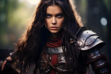 Obraz premium Warrior Woman Stands Guard in Forest, Wearing Leather and Metal Armor