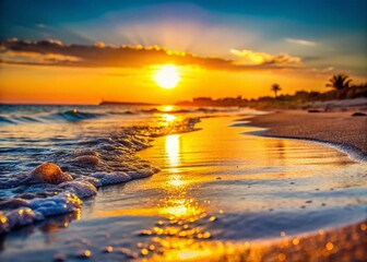 Naklejka premium Djerba Sunset: Golden Hour Beach Scene with Bokeh, Tunisia