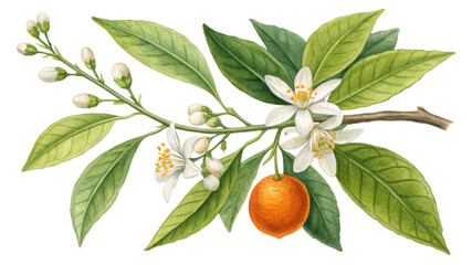 Watercolor Orange Blossom Branch with Fruit, Isolated on Transparent Background, Botanical Illustration, Floral Design, Orange Blossom, Botanical Painting, Citrus Fruit