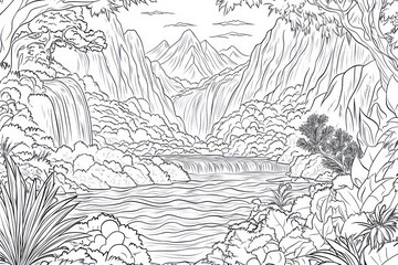 Obraz premium Tropical Waterfall Valley Coloring Page