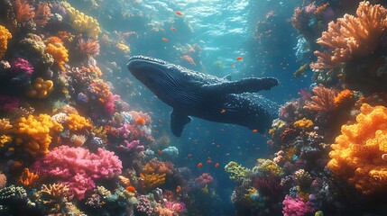 Fototapeta premium Whale swimming vibrant coral reef ocean sunlight
