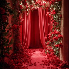 Elegant Red Floral Drapes in a Rustic Setting