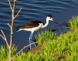 Fototapeta premium This image shows a Black-necked Stilt, a long-legged wading bird with black and white plumage and a thin black bill, often found in wetlands