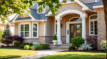 Fototapeta premium Luxury House Exterior: Dream Home with Brick Facade, Landscaping, and Grand Entrance