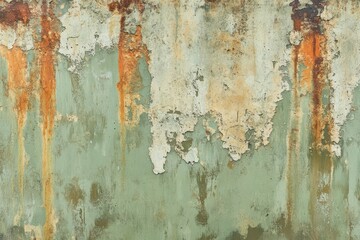 Weathered pastel green wall with rust-colored paint chips, highlighting unique textures for artistic backgrounds and design projects