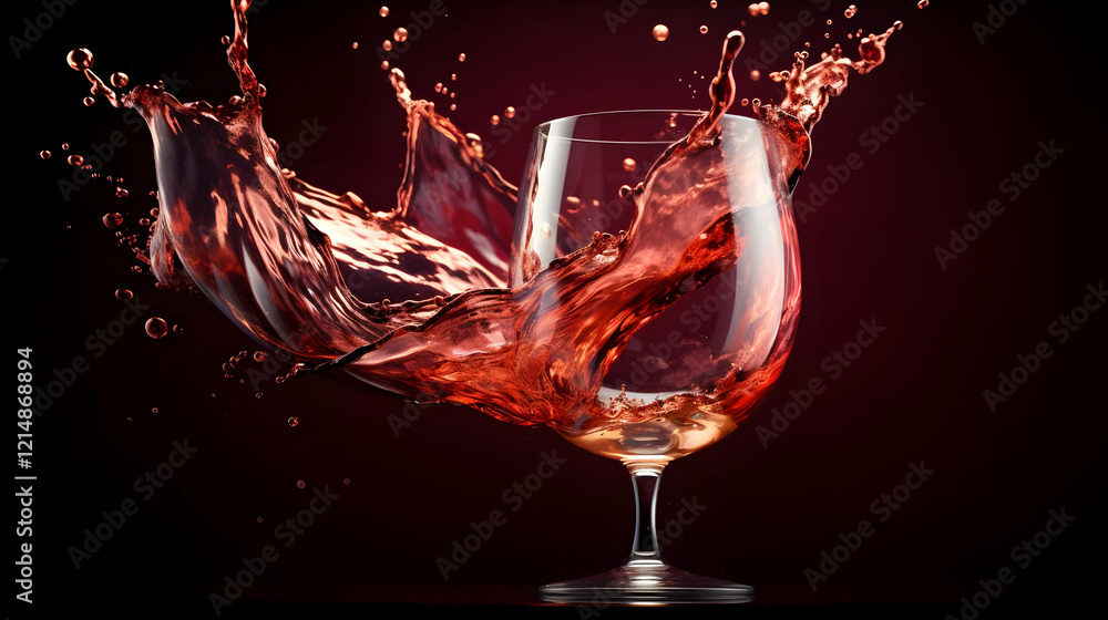 Poster red liquid splashes dynamically from a wine glass on a dark background with elegance
