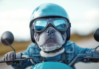 A confident dog in a motorcycle helmet and sunglasses rides a motorcycle, showcasing a unique blend of adventure, style, and canine charm on a scenic open road.