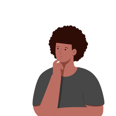 Vector of a men wearing an Gary round neck shirt, wavy brown hair, thinking with his hand on his chin, with a white text box popping up