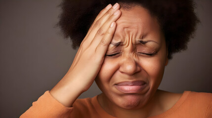 Fototapeta premium Woman Experiences Headache with Eyes Closed, Touching Forehead in Pain and Discomfort